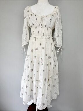 Storia Floral Cottagecore Midi Dress L White Ditsy Tiered Puff Sleeve Tie Cuff